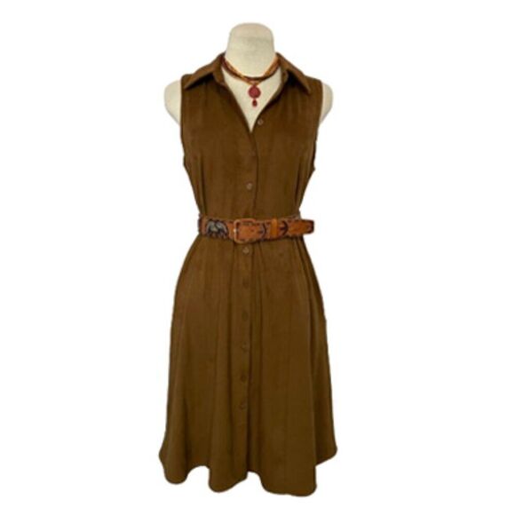 New York & Company Faux Suede Button Front Sleeveless Brown Dress - Picture 2 of 8